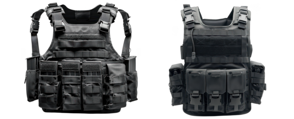 Detailed view of two tactical vests showcasing molle webbing and magazine pouches on transparent background