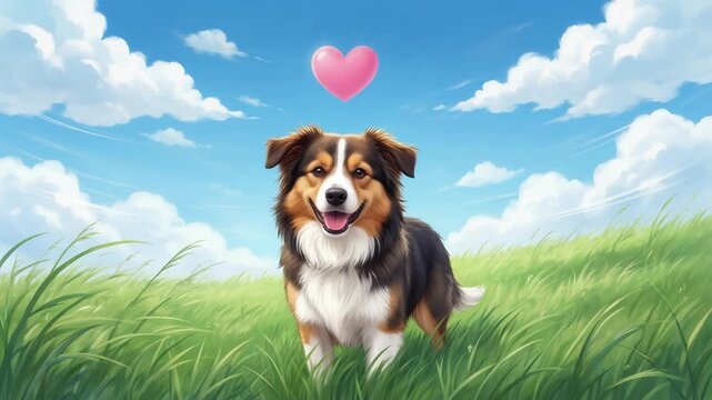 Happy Australian Shepherd dog standing in grass field under sunny sky with floating heart above