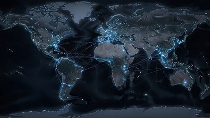Global Network Connections and World Map at Night with Illuminated Cities and Light Trails communication