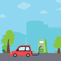  Electric vehicle, electric car charging station flat design, charge electric car