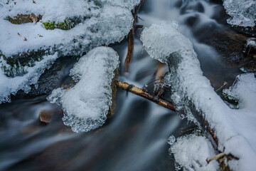 Eis und Wasser flie&szlig;en in einem kleinen Bach im Winter mit gefrorenen &Auml;sten und Wasserlauf