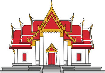 Traditional Thai Temple Architecture Front View Flat Vector Illustration for Buddhism, Culture, Travel, Landmark, and Heritage Design