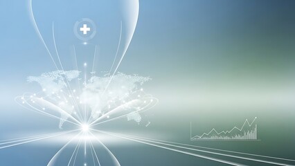 Abstract medical and global network concept with light rays and world map healthcare