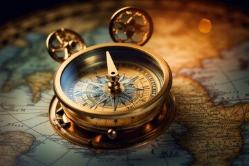 Vintage brass compass resting on an old world map, signifying travel and exploration