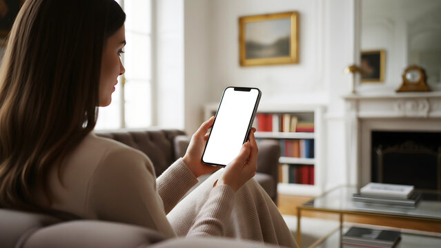 Hand holding mobile phone with blank white screen mockup in cozy living room interior, young woman sitting on sofa using smartphone for app display, luxury home lifestyle technology.
