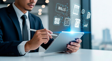A businessman using a digital tablet for online billing and financial management