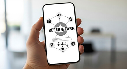 A hand holding a smartphone with a refer and earn app on the screen