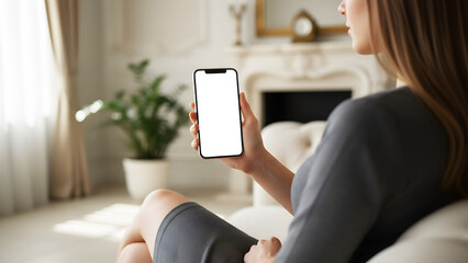 Hand holding mobile phone with blank white screen mockup for app presentation, woman in grey dress sitting in modern bright luxury living room using smartphone for digital networking.
