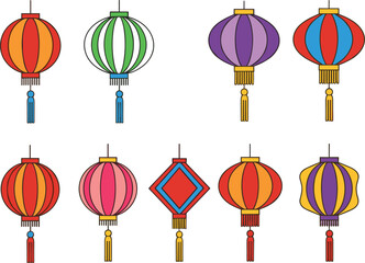 Colorful Decorative Hanging Lantern Icon Set Flat Vector Illustration for Festival, Celebration, Holiday, and Cultural Design
