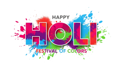 Happy holi festival of colors celebration logo with paint splatters on transparent background