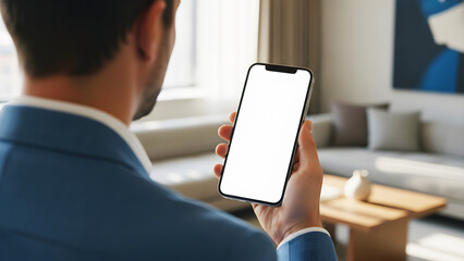 Hand holding mobile phone with blank white screen mockup for app design, businessman in blue suit in modern living room using smartphone for digital marketing and digital online.
