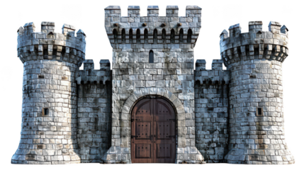 Detailed stone castle gate with four towers and an arched entrance ideal for fantasy designs on transparent background