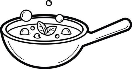 Cooking Pan with Soup and Herbs Outline Vector Illustration for Kitchen, Recipe, Food Preparation, and Culinary Design