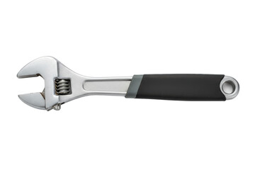 Obraz premium Close-up of a polished adjustable wrench with a black grip handle positioned horizontally