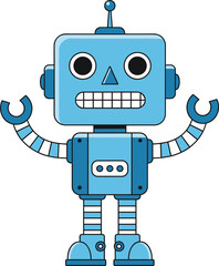 Cute Blue Robot Cartoon Character Standing Front View Flat Vector Illustration for Technology, Kids, Mascot, and Education Design