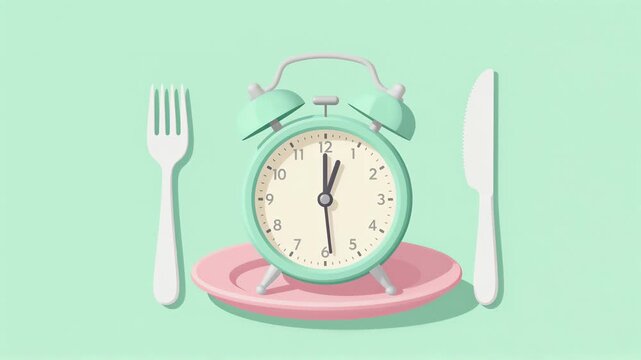 Alarm clock on plate with fork and knife set against mint background