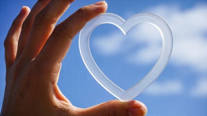 Hand holding a transparent heart-shaped object against a bright blue sky, symbolizing love and connection, with soft clouds in the background, evoking feelings of warmth and positivity
