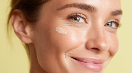 Fototapeta premium Natural skin care close up gentle natural oils on cheek pastel powder soft smile with healthy glowing skin and light freckles