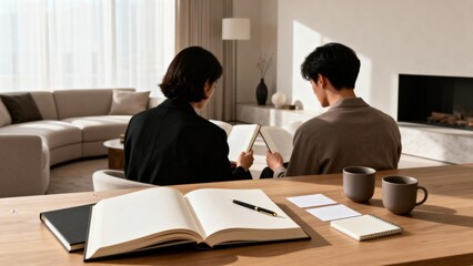 Two individuals engaged in discussion while reviewing documents in a modern living room, featuring a cozy sofa, natural light, and a stylish wooden table with notebooks and coffee mugs
