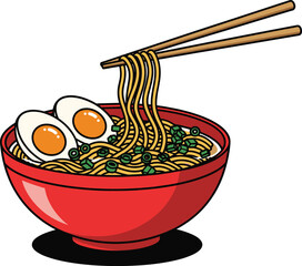Ramen Noodle Bowl with Chopsticks and Eggs Cartoon Vector Illustration for Asian Food, Restaurant, and Cuisine Design