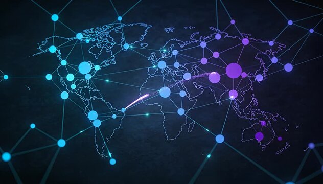 Global digital network connecting world map data points, international network flow network, connection,.