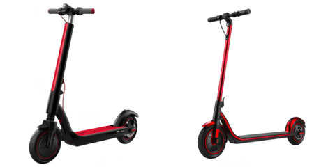 Two sleek electric scooters are displayed showcasing their modern design and red accents on transparent background