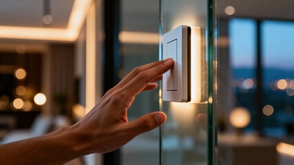 Close-up of hand pressing sleek light switch on glass wall, activating warm lighting in a modern interior, highlighting elegant decor and creating a cozy atmosphere in a sophisticated living space