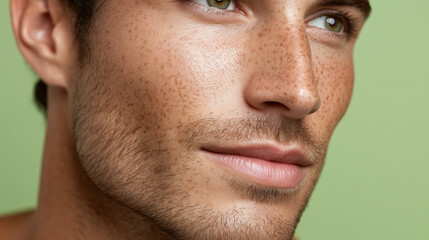 Obraz premium Freckled male cheek with smooth skin texture and soft natural lighting, showing subtle facial hair and green eyes, creating calm and serene expression
