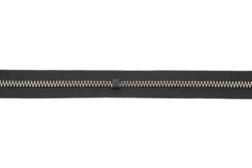 Fototapeta premium Close-up view of a metallic zipper with a dark fabric backing