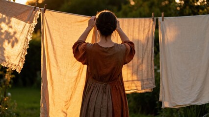 Female figure in a vintage dress is hanging freshly washed linens on a clothesline at sunset, surrounded by lush greenery, creating a peaceful atmosphere of domestic life and harmony with nature