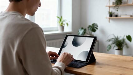 Individual seated at wooden table using tablet with abstract design on screen, surrounded by indoor plants and natural light, creating a serene workspace atmosphere for productivity and creativity