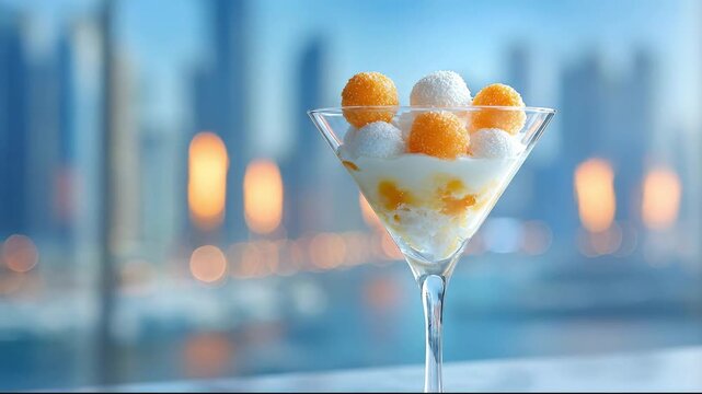 Gourmet melon and coconut dessert in martini glass with blurred city skyline background