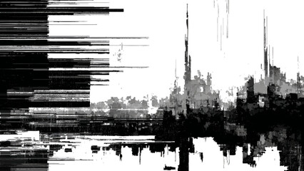Fototapeta premium Glitch art distorted cityscape with horizontal lines and reflection