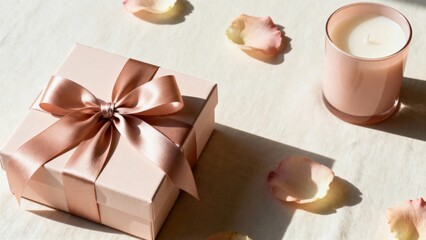 Elegant gift box adorned with a satin ribbon, surrounded by delicate rose petals and a softly glowing candle, creating a serene atmosphere perfect for celebrations and special occasions