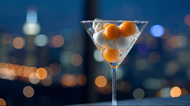 Elegant martini glass filled with orange and white melon balls on a table with blurred city night lights background