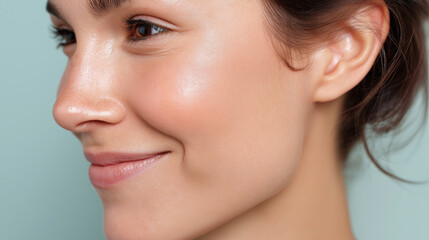 Obraz premium Natural oily glow on cheek close up with smooth skin texture and soft smile on female face with brown eyes and brown hair in soft lighting