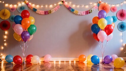 Colorful balloons in various shades are arranged on the floor, surrounded by decorative paper fans and string lights, creating a festive atmosphere for celebrations and events with ample copy space