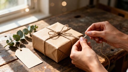 A womans hands are carefully tying twine around a wrapped gift box on a rustic wooden table, accompanied by a tag and eucalyptus leaves, evoking a cozy and festive ambiance for celebrations