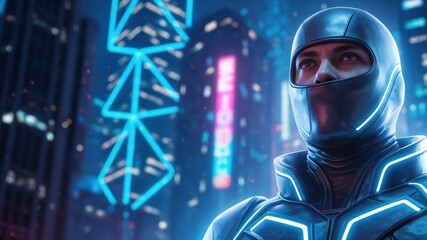 Futuristic Male Character in Neon Cityscape with Cyberpunk Aesthetic