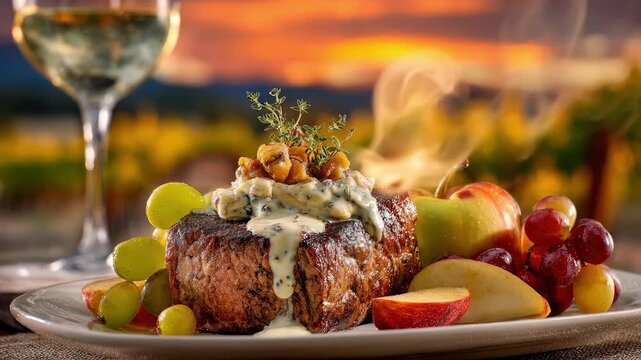 Gourmet filet mignon steak with cream sauce and fruit garnish at vineyard sunset