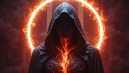Mysterious hooded figure with no visible face, the head and chest made of glowing molten cracks like flowing lava and sparkling cosmic particles.