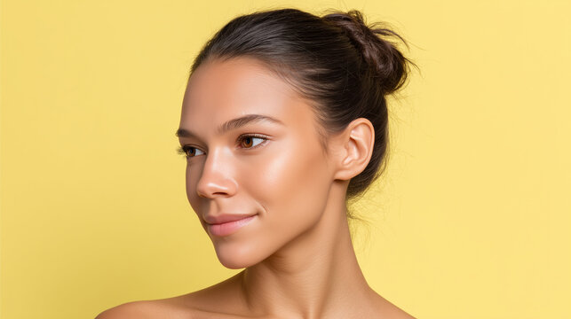 Female model with velvety matte skin texture and smooth contours posing against yellow background, showing natural beauty and healthy glowing complexion