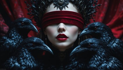 Dark gothic fantasy portrait of a mysterious queen wearing an ornate black crown with intricate metal details. Her eyes are covered by a deep red velvet blindfold