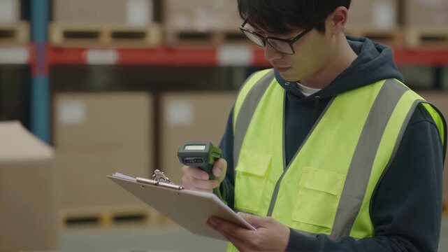 Warehouse worker scans inventory with barcode reader while holding clipboard in storage facility