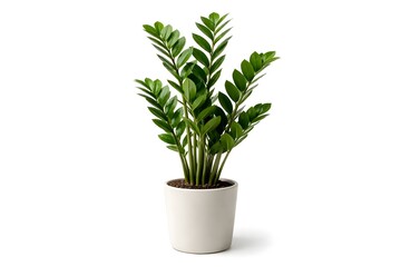 Elegant ZZ Plant in White Pot Isolated on White Background