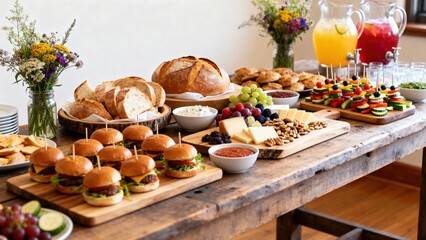 Colorful spread of assorted appetizers and beverages on rustic wooden table, featuring sliders, fresh fruits, cheeses, and baked goods, creating an inviting atmosphere for gatherings and celebrations