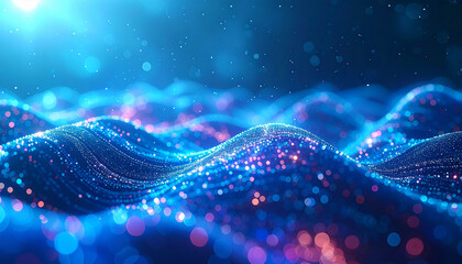 Digital Wave: A mesmerizing display of flowing waves, each illuminated with vibrant particles of light, forming a captivating spectacle of the digital age. 