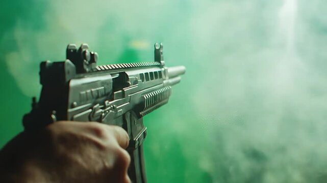 Hand holding assault rifle shooting green smoke bomb, close-up action shot