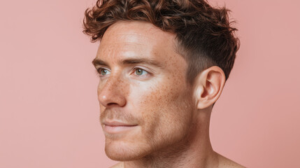 Fototapeta premium Freckled male face with smooth skin and curly hair looking thoughtfully to side against pastel pink background, showing natural beauty and calm expression