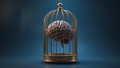 psychology power control concept. Caged brain symbolizes confinement of thoughts and ideas.